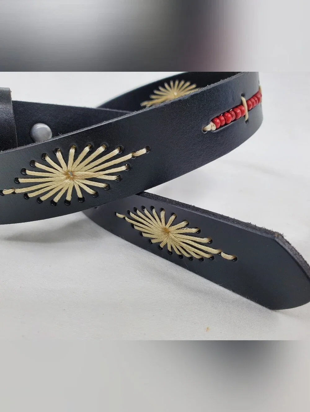 Wrangler Women's Black Leather Belt with Cream Sunburst Inlays and Red Beadwork